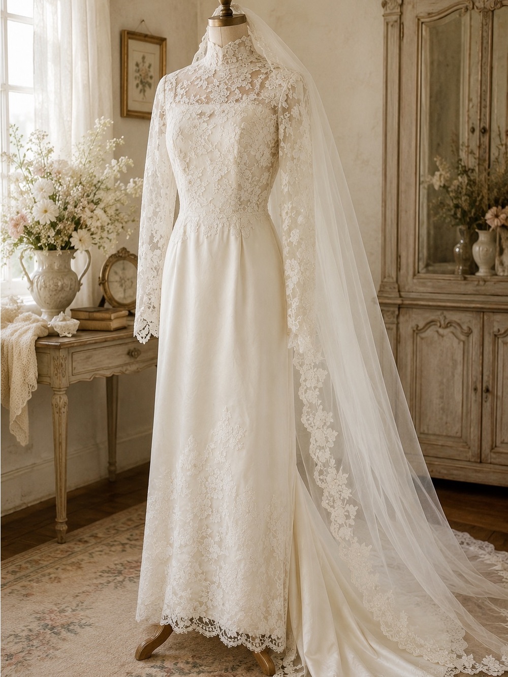 Vintage Ivory Silk Lace Wedding Dress High Neck Long Sleeve Bridal Gown size S